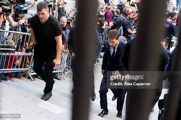 Lionel Messi of FC Barcelona arrives at the courthouse on June 2, 2016 in Barcelona, Spain. Lionel Messi and his father Jorge Messi, who manages his...