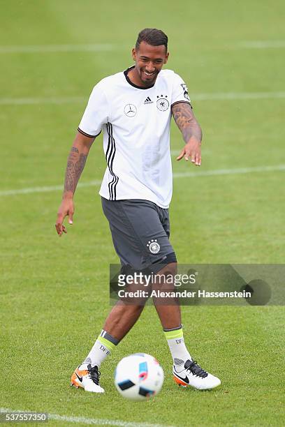 Jerome Boateng of Germany plays with the ball during a training session at stadio communale on day 10 of the German national team trainings camp on...