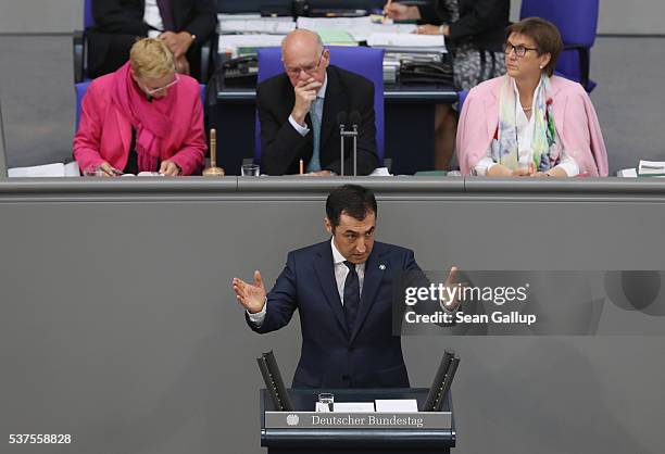 Cem Oezdemir, co-head of the German Greens party and himself of Turkish descent, speaks during discussions at the Bundestag on whether to recognize...