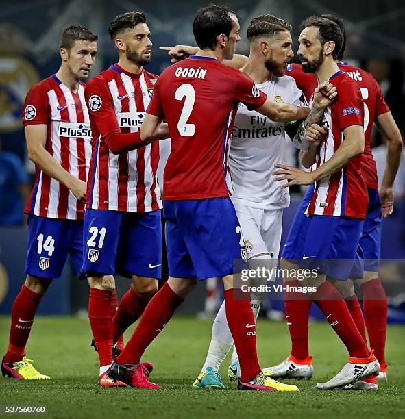 Gabi, Yannick Carrasco, Diego Godin of Atletico Madrid, Sergio Ramos of Real Madrid, Juanfran of Atletico Madrid during the UEFA Champions League...