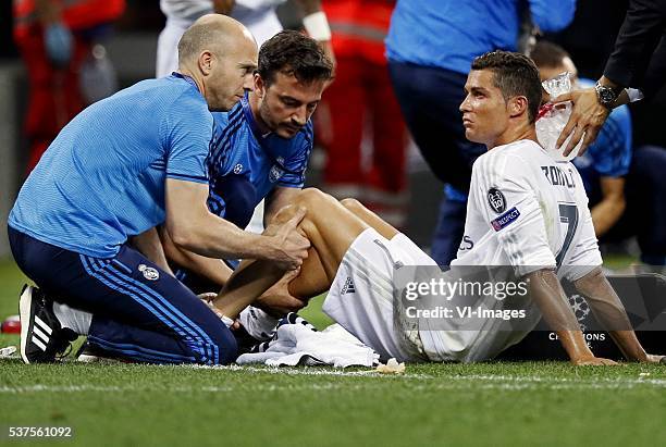 Cristiano Ronaldo of Real madrid is being prepared for the penalty shoot-outs during the UEFA Champions League final match between Real Madrid and...