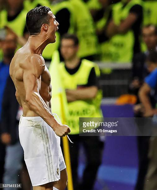 Cristiano Ronaldo of Real Madrid after scoring the winning penalty during the penalty shoot-outs during the UEFA Champions League final match between...