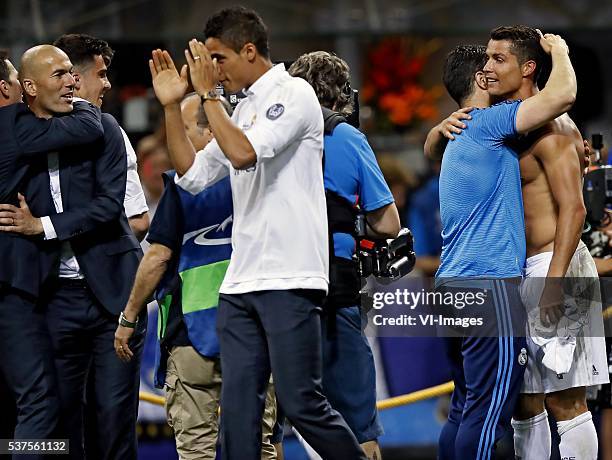 Zindedine Zidane of Real Madrid, Cristiano Ronaldo of Real Madrid during the UEFA Champions League final match between Real Madrid and Atletico...