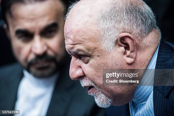 Bijan Namdar Zanganeh, Iran's petroleum minister, right, speaks to journalists ahead of the 169th Organization of Petroleum Exporting Countries...