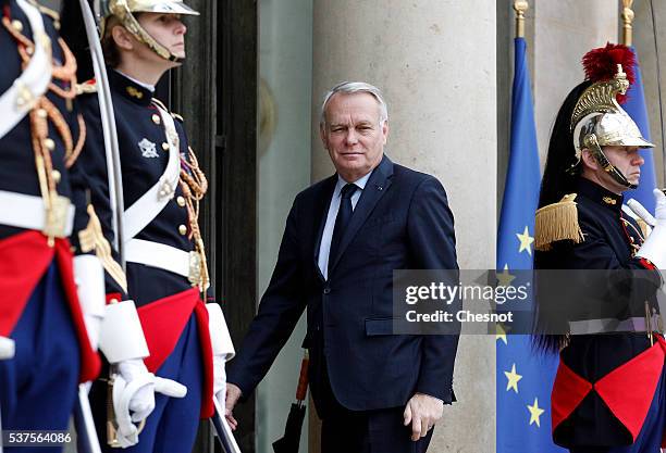 Jean-Marc Ayrault, French Minister of Foreign Affairs and International Development arrives at the Elysee Presidential Palace to attend a meeting...