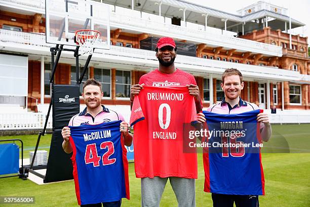 Player, Andre Drummond meets Middlesex Cricketers Eoin Morgan of England and Brendan McCullum of New Zealand at Lords on June 2, 2016 in London,...