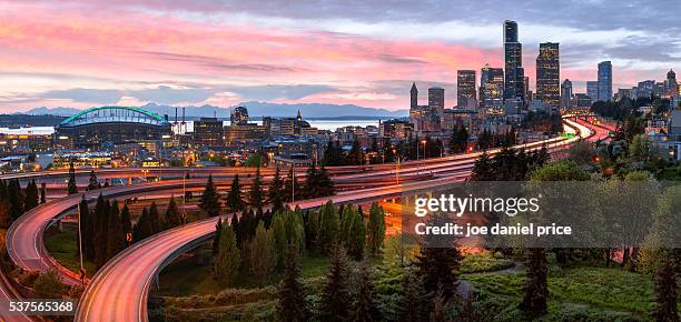 panorama, skyline, sunset, seattle, washington, america - seattle skyline stock pictures, royalty-free photos & images