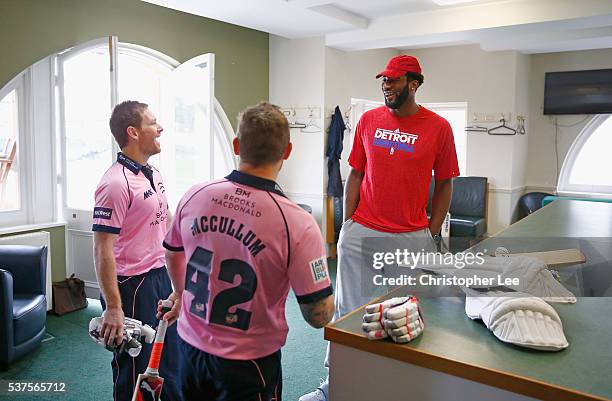 Player, Andre Drummond learns about cricket as he gets a tour of Lords by Middlesex Cricketers Eoin Morgan of England and Brendan McCullum of New...