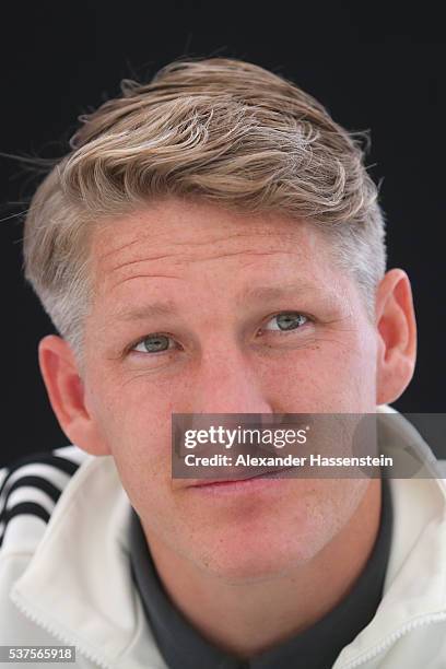 Bastian Schweinsteiger of Germany looks on during team Germany`s media day on day 10 of the German national team trainings camp on June 2, 2016 in...