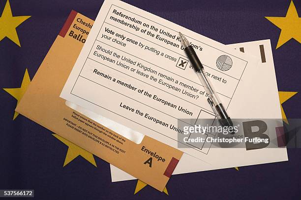 In this photo illustration a European Union referendum postal voting form, waits to be signed on June 1, 2016 in Knutsford, United Kingdom. The...