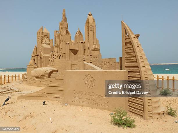 Sand sculpture for the Dubai Expo 2020 on Jumeirah Beach in Dubai, United Arabian Emirates