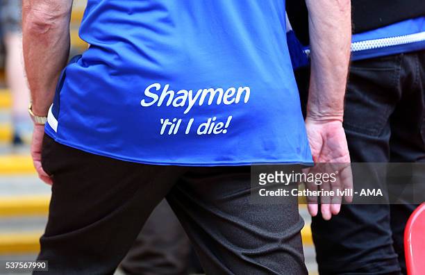Halifax fan wearing a shirt saying Shaymen til I die during The FA Trophy Final match between Grimsby Town and Halifax Town at Wembley Stadium on May...