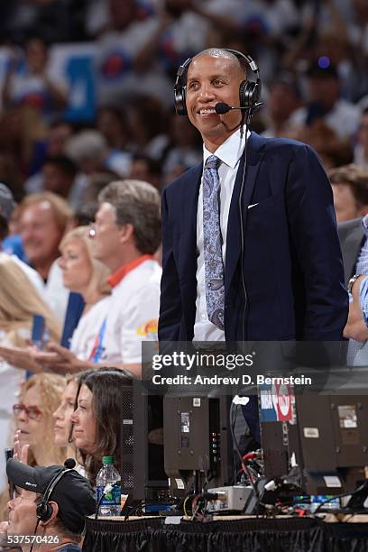 Analyst, Reggie Miller smiles as he announces Game Four of the Western Conference Finals between the Golden State Warriors and the Oklahoma City...