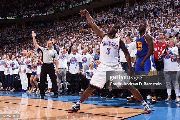 Dion Waiters of the Oklahoma City Thunder celebrates a shot in Game Four of the Western Conference Finals against the Golden State Warriors during...