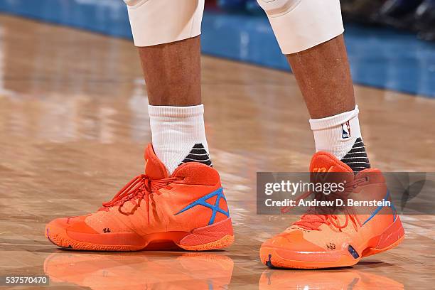 The shoes of Russell Westbrook of the Oklahoma City Thunder during Game Four of the Western Conference Finals against the Golden State Warriors...