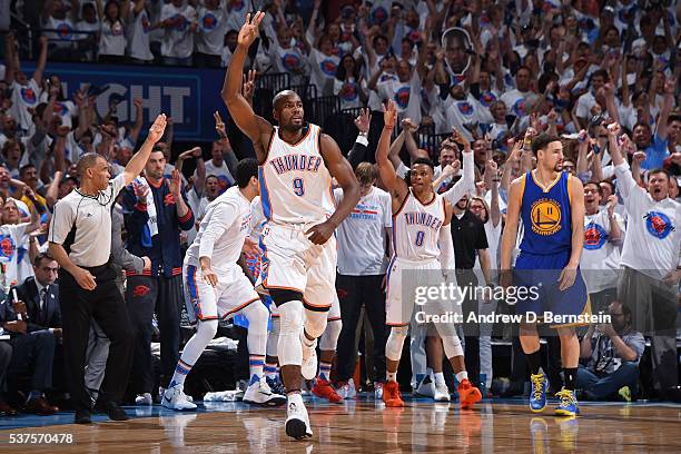 Serge Ibaka of the Oklahoma City Thunder celebrates a shot in Game Four of the Western Conference Finals against the Golden State Warriors during the...