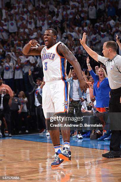 Dion Waiters of the Oklahoma City Thunder celebrates a shot in Game Four of the Western Conference Finals against the Golden State Warriors during...