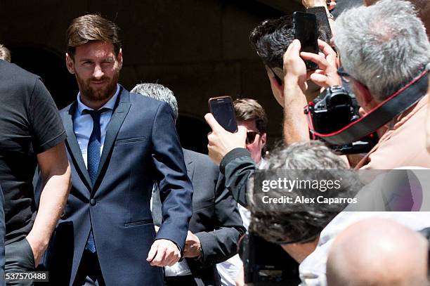 Lionel Messi of FC Barcelona leaves the courthouse on June 2, 2016 in Barcelona, Spain. Lionel Messi and his father Jorge Messi, who manages his...