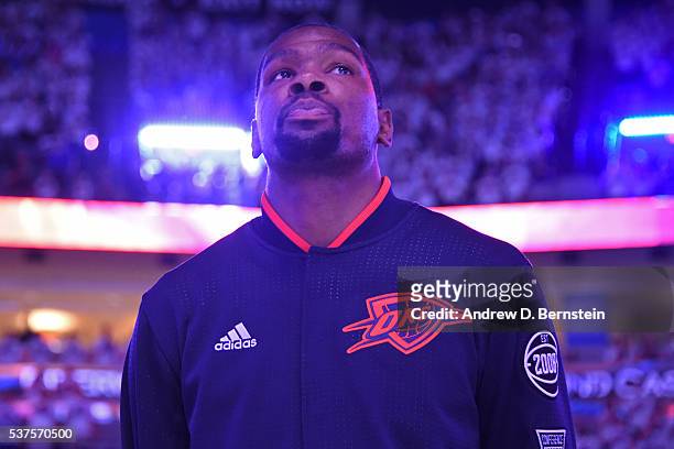 Kevin Durant of the Oklahoma City Thunder stands on the court before Game Four of the Western Conference Finals against the Golden State Warriors...