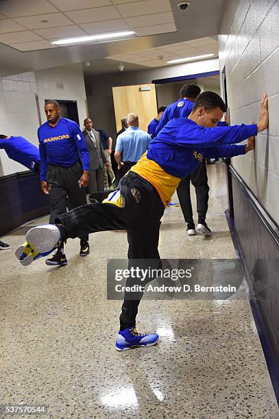 Stephen Curry of the Golden State Warriors stretches in the hallway before Game Four of the Western Conference Finals against the Oklahoma City...