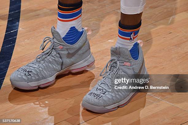 The shoes of Kevin Durant of the Oklahoma City Thunder during Game Four of the Western Conference Finals against the Golden State Warriors during the...