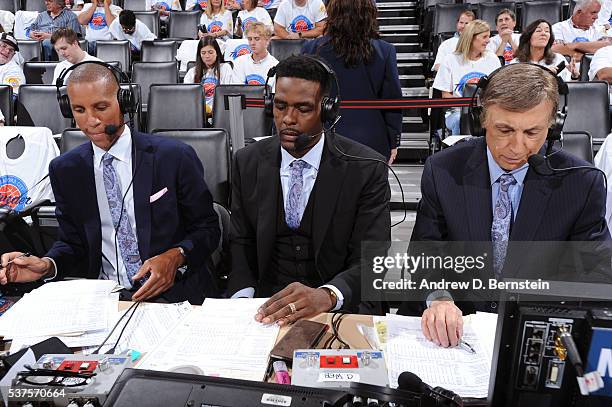 Reggie Miller, Chris Webber and Marv Albert get ready to announce Game Four of the Western Conference Finals between the Golden State Warriors and...