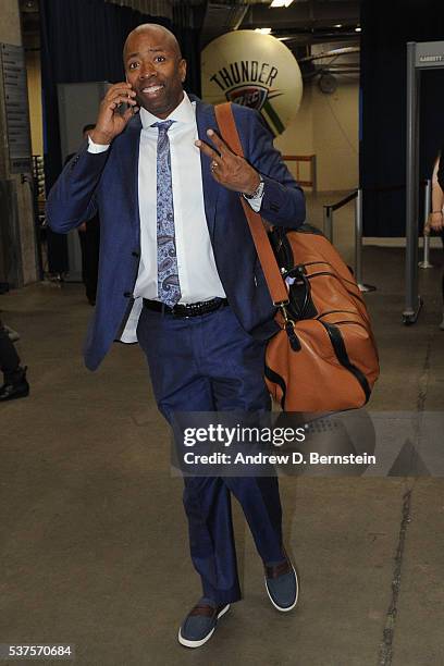 Analyst, Kenny Smith poses for a photo as he arrives before Game Four of the Western Conference Finals between the Golden State Warriors and the...