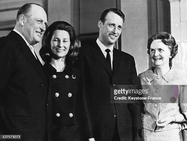 Portrait Of Family with King Olav V and his wife Martha of Sweden, his son Prince Harald with his young wife Princess Sonja, circa 1970 in Oslo,...