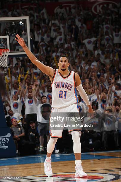 Andre Roberson of the Oklahoma City Thunder celebrates a three point basket against the Golden State Warriors in Game Four of the Western Conference...
