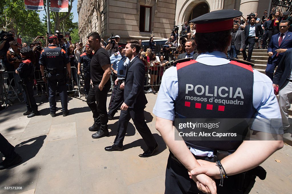 Leo Raud Lionel Messi of FC Barcelona leaves the courthouse on June 2, 2016 in ...