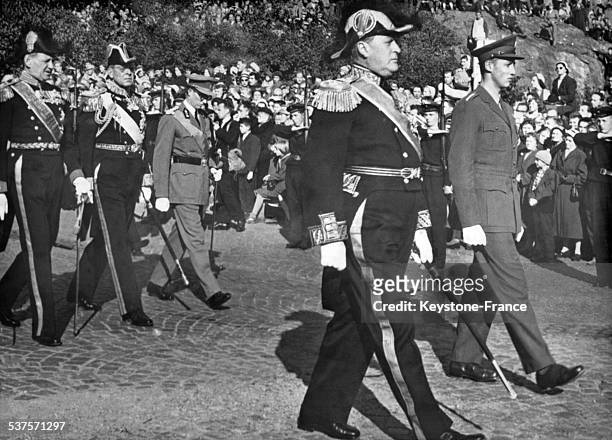 King Olav V and Crown Prince Harald headers of the funeral procession, followed by King Baudoin of Belgium, King Gustavus Adolphus of Sweden and King...