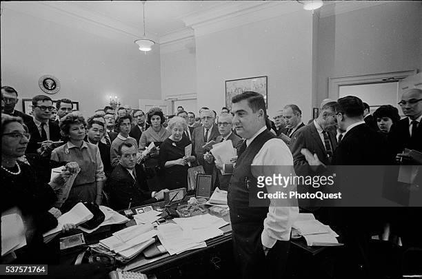 White House Press Secretary Pierre Salinger conducts a press conference on the Cuban Missile Crisis, Washington DC, October 25, 1962.
