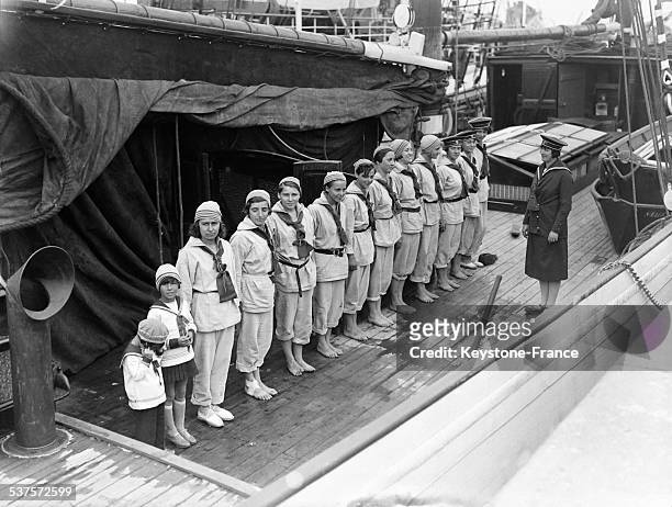 Young women sailors on the first female school ship in the port in Deauville, France, on July 30, 1929.