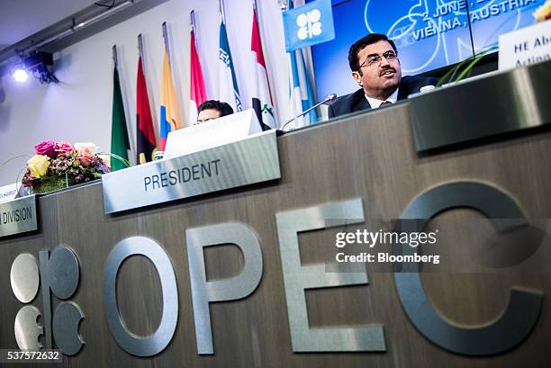 Mohammed Al-Sada, Qatar's minister of energy and industry and president of OPEC, speaks during a news conference following the 169th Organization of...