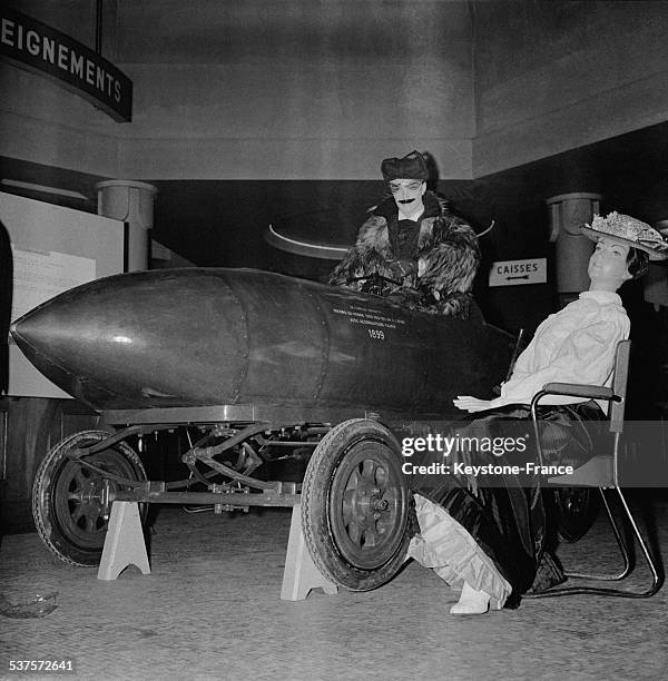 The 'Jamais Contente' electric car, the first car to exceed the speed of 100 km per hour, is exposed in the hall of the Touring Club de France for...