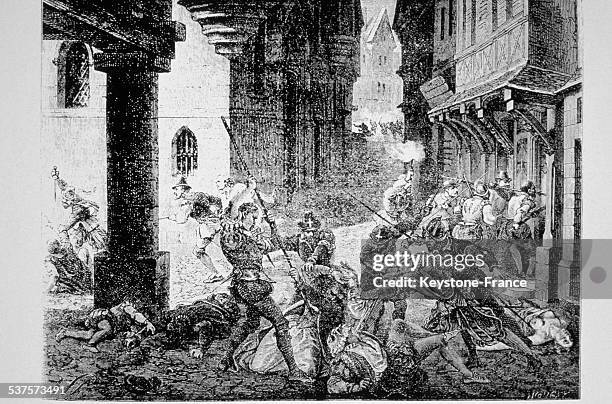 Scene of barbarism in the streets of Paris during the Massacre of the Saint-Barthelemy, on August 24, 1572 in Paris, France.