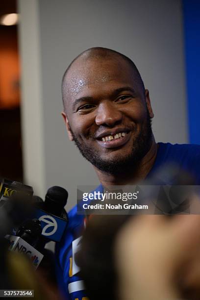 Marreese Speights of the Golden State Warriors talks to the media after Game Five of the Western Conference Finals against the Oklahoma City Thunder...