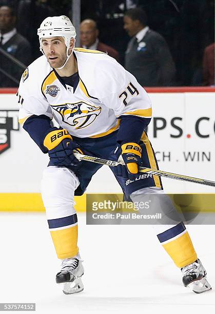 Eric Nystrom of the Nashville Predators plays in the game against the New York Islanders at Barclays Center on October 15, 2015 in Brooklyn borough...