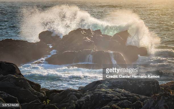 one wave breaking backlit against a rock - guarda sol stock pictures, royalty-free photos & images