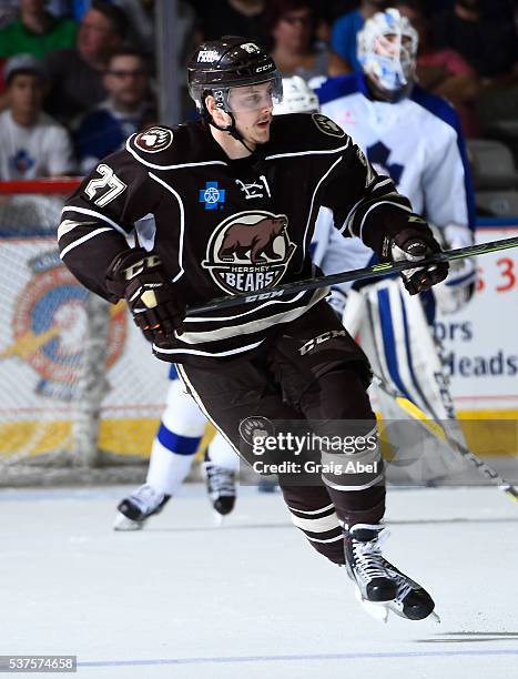Aaron Ness of the Hershey Bears turns up ice against the Toronto Marlies during AHL Eastern Conference Final playoff game action on May 27, 2016 at...