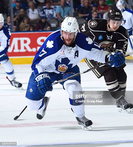 Richard Clune of the Toronto Marlies skates up ice against the Hershey Bears during AHL Eastern Conference Final playoff game action on May 27, 2016...