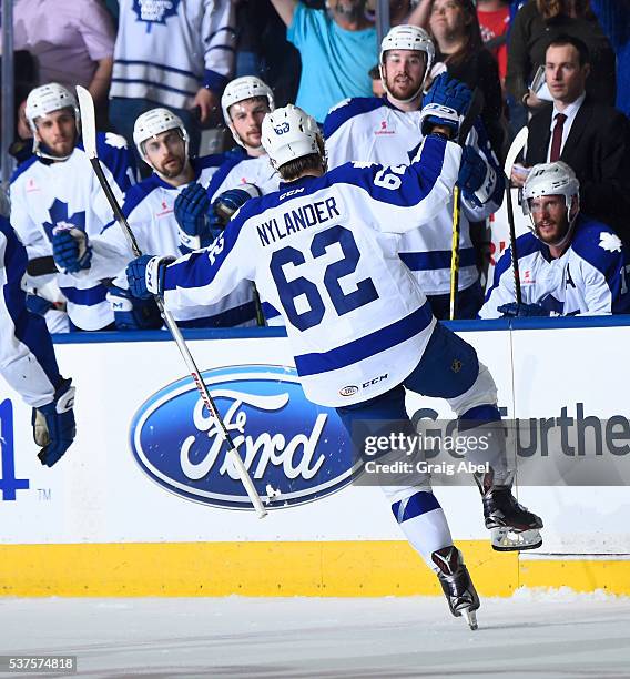 William Nylander of the Toronto Marlies celebrates his goal with team mates during AHL Eastern Conference Final playoff game action against the...