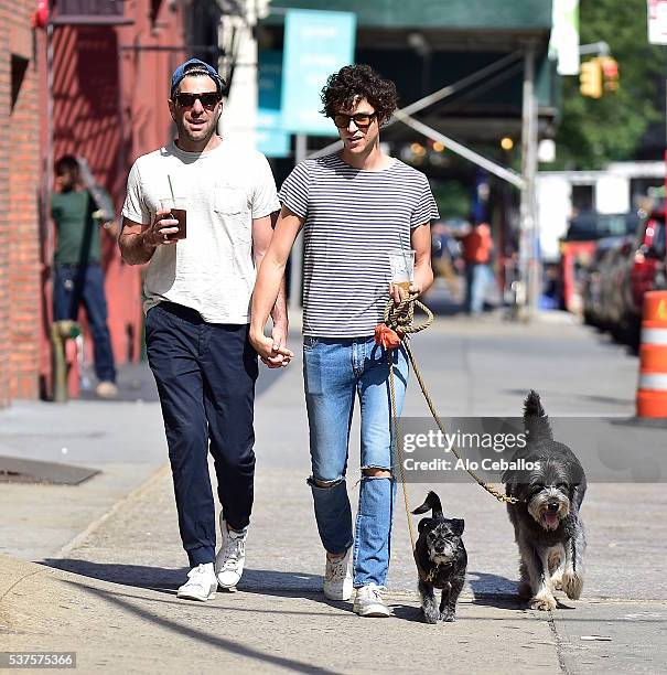 Zachary Quinto and Miles Mcmillan are seen in Soho on June 2, 2016 in New York City.