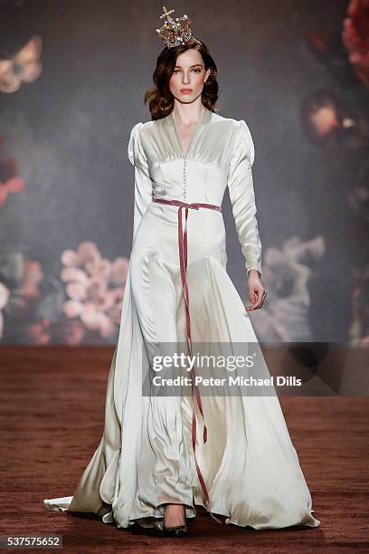 Model walks the runway at the Lena Hoschek show during the Mercedes-Benz Fashion Week Berlin Autumn/Winter 2016 at Brandenburg Gate on January 19,...