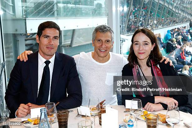 Of Radio France Mathieu Gallet, TV host Nagui and President of France Television, Delphine Ernotte attend the 'France Television' Lunch during Day...