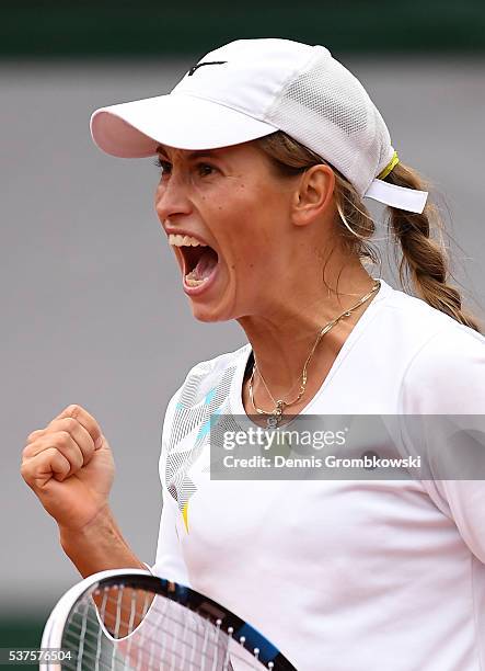 Yulia Putintseva of Kazakhstan celebrates winning the first set during the Ladies Singles quarter final match against Serena Williams of the United...