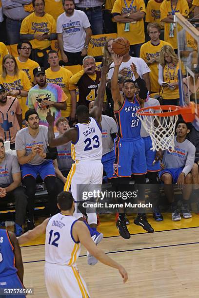 Andre Roberson of the Oklahoma City Thunder shoots the ball against the Golden State Warriors in Game Five of the Western Conference Finals during...