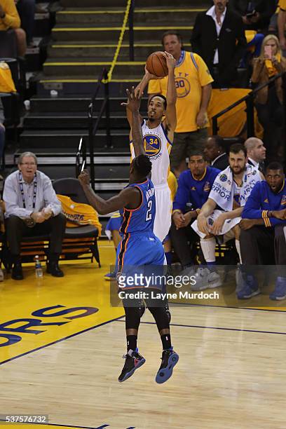 Shaun Livingston of the Golden State Warriors shoots the ball against the Oklahoma City Thunder in Game Five of the Western Conference Finals during...