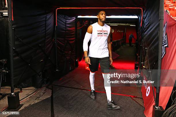 Jason Thompson of the Toronto Raptors walks to the court before Game Six of the NBA Eastern Conference Finals against the Golden State Warriors at...