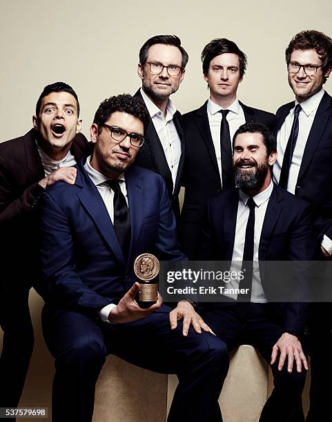 'Mr. Robot' actor Rami Malek, writer/director Sam Esmail, actor Christian Slater and others pose for a portrait at the 75th Annual Peabody Awards...